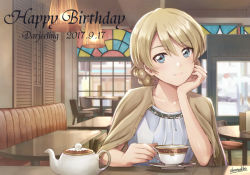Rule 34 | 10s, 1girl, artist name, blonde hair, blue eyes, braid, cafe, casual, ceiling light, chair, character name, closed mouth, collarbone, commentary request, cup, darjeeling (girls und panzer), dated, dress, fingernails, girls und panzer, hair between eyes, hand on own chin, happy birthday, head rest, holding, holding cup, indoors, looking at viewer, reflection, road sign, saucer, shamakho, short hair, sign, signature, smile, solo, swept bangs, table, teacup, teapot, unbuttoned, white dress, window, wooden chair, wooden table