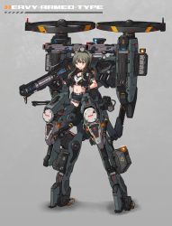 Rule 34 | 1girl, absurdres, black gloves, breasts, brown eyes, cleavage, clenched hand, exoskeleton, fingerless gloves, gloves, grey hair, gun, highres, holding, holding gun, holding weapon, looking at viewer, medium breasts, midriff, navel, original, ponytail, propeller, rocket launcher, smile, solo, sports bra, tamasi, weapon