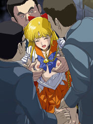 Rule 34 | 1girl, 3boys, aino minako, arm grab, bishoujo senshi sailor moon, blonde hair, blush, bow, grabbing another&#039;s breast, breasts, breasts grabbed from behind, breasts out, chain, clenched hands, closed eyes, collar, collarbone, earrings, grabbing, grabbing another&#039;s breast, grabbing from behind, hair between eyes, hair ribbon, heart, held, highres, hypnosis, imminent gangbang, imminent rape, jewelry, leg grab, leotard, leotard under clothes, long hair, mind control, mmmf foursome, molestation, multiple boys, nipples, open mouth, outdoors, public indecency, public nudity, public use, ribbon, sailor venus, sex slave, skirt, slave, tarekatsu, tiara, tongue, torn clothes, torn leotard, torn skirt