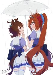 Rule 34 | 2girls, absurdres, afterimage, agnes tachyon (umamusume), ahoge, animal ears, artist name, bag, blush, breasts, brown hair, closed mouth, daiwa scarlet (umamusume), earrings, eye contact, hand on own chin, highres, holding, holding umbrella, horse ears, horse girl, horse tail, jewelry, long hair, looking at another, medium breasts, medium hair, motion lines, multiple girls, puffy short sleeves, puffy sleeves, purple shirt, rain, red eyes, sailor collar, school bag, school uniform, shared umbrella, shirt, short sleeves, single earring, skirt, smile, stroking own chin, tail, thighhighs, tiara, tracen school uniform, transparent, transparent umbrella, twintails, umamusume, umbrella, wet, wet hair, white skirt, white thighhighs, zetsuyo chimayo