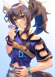 Rule 34 | 1girl, absurdres, animal ears, bead bracelet, beads, belt, blue hair, blue shirt, bracelet, breasts, brown hair, colored inner hair, daitaku helios (umamusume), ear covers, finger heart, gradient background, grin, hair between eyes, hair ornament, hairclip, hand on own hip, heart, highres, horse ears, horse girl, horse tail, jewelry, kento (kentdrawing), long hair, looking at viewer, midriff, multicolored hair, multicolored nails, ponytail, shirt, short sleeves, small breasts, smile, solo, tail, tied shirt, two-tone hair, umamusume, upper body, wristband, yellow eyes