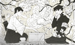 Rule 34 | 2boys, ace attorney, armband, arrow (projectile), board game, branch, closed eyes, covering mouth, dragon, eastern dragon, flower, gakuran, go (board game), greyscale, hakama, hand over own mouth, hand up, highres, japanese clothes, kazuma asogi, kimono, liyuliyuzhou, long sleeves, male focus, monochrome, multiple boys, profile, quiver, ryunosuke naruhodo, scabbard, school uniform, sheath, short hair, sitting, sketch, table, the great ace attorney, wide sleeves