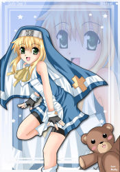 Rule 34 | 1boy, blonde hair, blush, blush stickers, border, bridget (guilty gear), character name, copyright name, cross, eyebrows, fingerless gloves, gloves, green eyes, guilty gear, male focus, nun, open mouth, outside border, see-through border, solo, star (symbol), stuffed animal, stuffed toy, teddy bear, trap, zoom layer