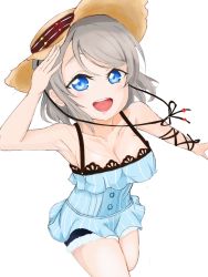 Rule 34 | 1girl, anchor necklace, anchor symbol, artist name, artist request, bare legs, bare shoulders, blue dress, blue eyes, blue pants, blue shorts, blush, bow, breasts, brown hat, buttons, collarbone, dress, female focus, grey hair, guntherzuramaru, hat, hat ornament, highres, jewelry, lace, lace-trimmed dress, lace trim, light brown hair, looking at viewer, love live!, love live! school idol festival, love live! sunshine!!, medium breasts, necklace, pants, parted lips, ribbon, ribbon-trimmed legwear, ribbon trim, short hair, short shorts, shorts, smile, solo, straw hat, striped clothes, striped dress, vertical-striped clothes, vertical-striped dress, watanabe you, white background