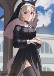 Rule 34 | 1girl, absurdres, alternate costume, animal ears, blurry, blurry background, blush, breasts, church, commentary, curren chan (umamusume), guree (haiiro), highres, horse ears, horse girl, horse tail, looking at viewer, medium breasts, nun, sky, smile, solo, tail, thighhighs, twitter username, umamusume