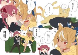 Rule 34 | !, !!, ..., 2girls, ?, animal ears, blonde hair, blush, cat, cat ears, cat girl, cat tail, closed eyes, collar, couch, dark-skinned female, dark elf, dark skin, elf, fang, heterochromia, highres, hololive, houshou marine, kiss, long hair, long sleeves, multicolored hair, multiple girls, multiple views, open mouth, pointy ears, ponytail, red eyes, red hair, shiranui flare, simple background, sitting, speech bubble, streaked hair, tail, tongue, tongue out, translation request, twintails, two-tone hair, virtual youtuber, white background, white hair, yellow eyes, yomosaka, yuri