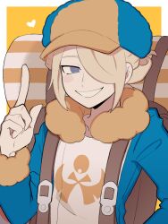 Rule 34 | 1boy, a (poipiku 325815), blonde hair, blue eyes, blue jacket, border, commentary request, creatures (company), fur-trimmed sleeves, fur collar, fur trim, game freak, hair over one eye, hand up, heart, index finger raised, jacket, long sleeves, looking at viewer, male focus, nintendo, pokemon, pokemon legends: arceus, shirt, short hair, smile, solo, volo (pokemon), white border, white shirt, yellow background