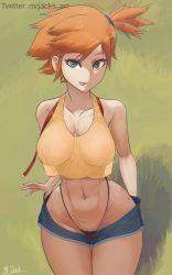Rule 34 | 1girl, abs, aqua eyes, artist name, breasts, cleavage, collarbone, creatures (company), crop top, curvy, denim, denim shorts, game freak, grass, highleg, highleg panties, highres, large breasts, looking at viewer, misty (pokemon), mrjack, naughty face, navel, nintendo, orange hair, panties, pokemon, pokemon (anime), pokemon (classic anime), see-through, short hair, short shorts, shorts, side ponytail, sitting, narrow waist, smile, solo, stomach, suspenders, thighs, thong, tongue, tongue out, underwear, wide hips