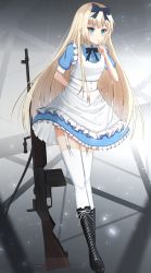 Rule 34 | 1girl, absurdres, alice (alice in wonderland), alice in wonderland, arm behind back, black footwear, blonde hair, boots, bow, browning automatic rifle, cross-laced footwear, dress, finger to mouth, garter straps, green eyes, gun, hair between eyes, hair bow, highres, iris37337, knee boots, lace-up boots, long hair, looking at viewer, machine gun, pinafore dress, short sleeves, sleeveless dress, thighhighs, thighhighs under boots, weapon, white thighhighs