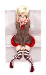 Rule 34 | 1girl, blonde hair, blue eyes, braid, cardigan, from above, glasses, hair ornament, hairclip, highres, hood, hoodie, long hair, looking at viewer, original, own hands together, plaid, plaid skirt, pleated skirt, red-framed eyewear, shiro (nitto), sitting, skirt, solo, striped clothes, striped thighhighs, thighhighs, twin braids, zettai ryouiki