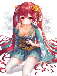 Rule 34 | 1girl, absurdres, azur lane, bell, blush, breasts, checkered sash, cleavage, closed mouth, collarbone, expressionless, flower, hair bell, hair flower, hair ornament, hand fan, highres, holding, holding fan, honolulu (among the stalls) (azur lane), honolulu (azur lane), large breasts, long hair, long sleeves, looking at viewer, nowsicaa, red eyes, red hair, solo, thighhighs, twintails, very long hair, white thighhighs