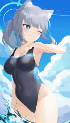Rule 34 | 1girl, absurdres, animal ear fluff, animal ears, black one-piece swimsuit, blue archive, blue eyes, blue sky, breasts, cloud, competition swimsuit, covered navel, cross hair ornament, day, extra ears, green tea (greente43670136), grey hair, hair ornament, halo, highres, looking to the side, low ponytail, medium breasts, medium hair, mismatched pupils, multicolored clothes, multicolored swimsuit, official alternate costume, one-piece swimsuit, outdoors, shiroko (blue archive), shiroko (swimsuit) (blue archive), sky, smile, solo, swimsuit, wading, water, wolf ears