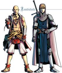 Rule 34 | 2boys, abs, alternate costume, arm up, armor, artist name, bald, bandaged arm, bandages, bare arms, black sclera, blonde hair, cape, chain, chain necklace, clenched hand, closed mouth, clothes around waist, colored sclera, genos, grin, hand on own hip, jewelry, knight, loincloth, looking to the side, multiple boys, muscular, muscular male, necklace, one-punch man, open clothes, saitama (one-punch man), short hair, shoulder armor, simple background, smile, standing, sword, sword behind back, third-party source, weapon, zombieholic