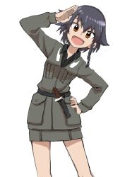 Rule 34 | 10s, 1girl, absurdres, braid, brown eyes, collared shirt, commentary, cowboy shot, flipped hair, girls und panzer, hand on own hip, highres, knife, leaning to the side, pepperoni (girls und panzer), salute, shirt, simple background, skirt, smile, solo, uniform, white background, yamamoto souichirou