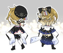 Rule 34 | 1boy, 1girl, beads, belt, black bow, black capelet, black footwear, black headwear, black shirt, black shorts, black trim, blonde hair, blue belt, blue capelet, blue skirt, boots, bow, braid, capelet, chibi, collar, collared capelet, commentary request, eknow, flower, fortissimo, french braid, frilled kimono, frills, from behind, grey background, hair beads, hair bow, hair bun, hair flower, hair ornament, hakama, hakama skirt, hat, japanese clothes, kagamine len, kagamine rin, kimono, long skirt, long sleeves, low ponytail, mini hat, musical note, musical note hair ornament, shirt, short hair, short ponytail, shorts, siblings, single hair bun, skirt, snow print, snowflake hair ornament, snowflake print, snowflakes, snowing, socks, tassel, tassel hair ornament, thigh belt, thigh strap, two-tone background, vocaloid, white background, white collar, white flower, white kimono, white socks, wide sleeves