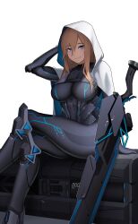 Rule 34 | 1girl, absurdres, blue eyes, bodysuit, box, cero (last2stage), commission, highres, on box, orange hair, original, sitting, sitting on box, skin tight, solo, sword, weapon, white background, white hood