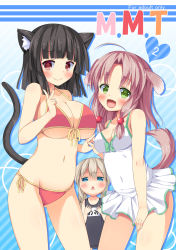 Rule 34 | 3girls, :&lt;, :d, ahoge, animal ears, aqua background, asa no ha (awayuki), bikini, black hair, blue eyes, blush, breast envy, breasts, brown hair, cat ears, cat tail, character request, cleavage, contrapposto, covered navel, dog ears, dog tail, english text, engrish text, fang, flat chest, front-tie top, green eyes, hands on own chest, heart, large breasts, lips, long hair, multiple girls, navel, one-piece swimsuit, open mouth, original, ranguage, red bikini, red eyes, school swimsuit, shiny skin, short hair, side-tie bikini bottom, smile, standing, striped, striped background, swimsuit, tail, triangle mouth, typo, underboob, v