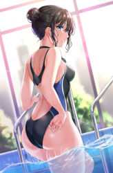 Rule 34 | 1girl, absurdres, adjusting clothes, adjusting swimsuit, ass, bare arms, bare shoulders, black hair, black one-piece swimsuit, blue eyes, blush, breasts, competition swimsuit, cowboy shot, from behind, goggles, goggles around neck, hair between eyes, hair bun, highres, indoors, lens flare, looking at viewer, looking back, medium breasts, one-piece swimsuit, original, parted lips, partially submerged, partially underwater shot, pool, pool ladder, rama (yu-light8), short hair, sideboob, sidelocks, single hair bun, skindentation, solo, sparkle, swimsuit, thighs, wading, water, water drop, wet, wet hair, window