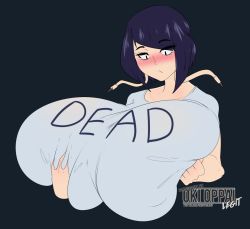 Rule 34 | 1girl, artist name, black background, blush, boku no hero academia, breasts squeezed together, breasts, clothes writing, gigantic breasts, grabbing own breast, huge breasts, jirou kyouka, okioppai, purple hair, short hair, simple background, solo, upper body