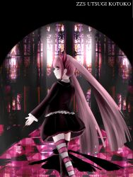Rule 34 | 1girl, black background, black border, black jacket, black skirt, border, cathedral, character name, child, closed mouth, collared shirt, danganronpa (series), danganronpa another episode: ultra despair girls, english text, fake horns, female focus, hairband, hand out, headband, highres, horned headwear, horns, jacket, long sleeves, looking at viewer, looking back, multicolored background, pink background, pink eyes, pink hair, pink hairband, pink headband, pink headwear, pink horns, pink skirt, pink trim, shadow, shirt, skirt, smile, solo, solo focus, stained glass, standing, sunlight, tile floor, tiles, turned around, turning head, twintails, utsugi kotoko, walking, white shirt