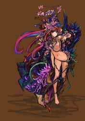 Rule 34 | 1girl, barefoot, breasts, colorful, flower, full body, legs, medium breasts, multicolored hair, navel, nipples, nude, original, solo, standing, standing on one leg, sword, trnth, weapon