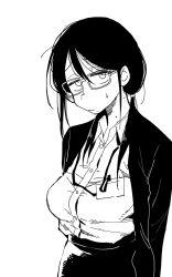Rule 34 | 1girl, breasts, glasses, greyscale, haioku colonel, highres, looking at viewer, mole, monochrome, original, simple background, solo, sweatdrop, twintails, white background