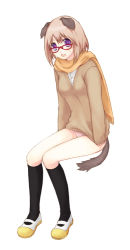 Rule 34 | 1girl, animal ears, arms at sides, black socks, dog ears, dog tail, full body, glasses, invisible chair, kneehighs, no pants, original, panties, scarf, shoes, simple background, sitting, socks, solo, striped clothes, striped panties, sweater, tail, underwear, usashiro mani, uwabaki, white background