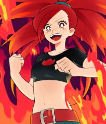 Rule 34 | 00s, 1girl, belt, blush, bright pupils, clenched hands, creatures (company), crop top, denim, fire, flannery (pokemon), game freak, gym leader, jeans, long hair, midriff, navel, nintendo, open mouth, orange eyes, pants, pokemon, pokemon rse, ponytail, red hair, red theme, short sleeves, smile, solo, ucchii