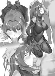 Rule 34 | 1boy, 1girl, :&gt;=, angry, armor, blush, bodysuit, breasts, censored, clothed female nude male, cum, cum in mouth, cumdrip, deepthroat, erection, fate/grand order, fate (series), fellatio, from side, frown, glaring, greyscale, hair intakes, hand on another&#039;s head, hands on lap, hetero, irrumatio, kneeling, large breasts, long hair, looking at another, looking at viewer, looking up, monochrome, mosaic censoring, nude, oral, parted lips, pauldrons, penis, penis awe, pov, pov crotch, profile, rape, scathach (fate), seiza, shoulder armor, simple background, sitting, sweat, tears, testicles, very long hair, white background, yd (orange maru)