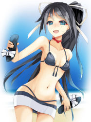 Rule 34 | 1girl, bikini, black bikini, black hair, blue eyes, blush, breasts, gradient background, groin, kantai collection, katsuragi (kancolle), long hair, looking at viewer, momin, open mouth, outdoors, ponytail, sandals, shoes, small breasts, solo, swimsuit, very long hair