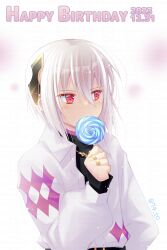 Rule 34 | 1boy, absurdres, black shirt, blurry, blurry background, candy, collared shirt, dated, depth of field, dress shirt, fire emblem, fire emblem engage, food, grey hair, hair between eyes, hair ornament, happy birthday, highres, holding, holding candy, holding food, holding lollipop, jacket, lollipop, long sleeves, looking to the side, male focus, nintendo, official alternate costume, puffy long sleeves, puffy sleeves, rafal (fire emblem), red eyes, sasaki fumi, shirt, short hair, sleeves past wrists, solo, swirl lollipop, twitter username, undershirt, upper body, white background, white hair, white shirt