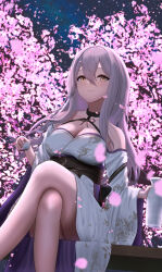 Rule 34 | 1girl, bare shoulders, breasts, cherry blossoms, cleavage, collarbone, crossed legs, goddess of victory: nikke, grey hair, highres, holding, japanese clothes, kimono, large breasts, long hair, official alternate costume, petals, sawtooth, scarlet (nikke), sitting, solo, thighs, white kimono, yellow eyes
