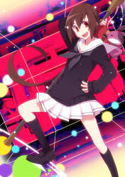 Rule 34 | 10s, 1girl, :d, arm behind head, bad id, bad pixiv id, black socks, bow, brown hair, gate, hair bow, hair ornament, hammer, hand on own hip, highres, holding, koto (kyousougiga), kyousougiga, loafers, long hair, nomoc, open mouth, ponytail, red eyes, sailor collar, school uniform, serafuku, shirt, shoes, skirt, smile, socks, solo, standing, stuffed animal, stuffed toy, sweater, weapon