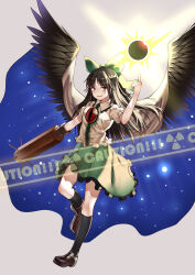 Rule 34 | 1girl, absurdres, ailu elf, arm cannon, bird wings, black footwear, black socks, black sun, black wings, bow, cape, caution, chinese commentary, commentary request, frilled shirt, frilled skirt, frills, full body, green bow, green skirt, grey background, hair bow, highres, radiation symbol, reiuji utsuho, shirt, short sleeves, simple background, skirt, socks, solo, starry sky print, sun, third eye, touhou, weapon, white cape, white shirt, wings