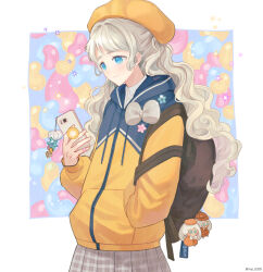 Rule 34 | 1girl, :3, alternate costume, backpack, bag, bag charm, bandaid, bandaid on hand, beret, blonde hair, blue background, blue eyes, blue jacket, border, bow, candy, cellphone, cellphone charm, charm (object), collared shirt, commentary, cookie run, cowboy shot, cream puff cookie, drawstring, english commentary, food, grey skirt, hand in pocket, hat, highres, holding, holding phone, hood, hood down, hooded jacket, humanization, imp (imp330), jacket, jelly bean, long hair, looking at phone, multicolored clothes, multicolored jacket, outside border, phone, plaid, plaid skirt, pleated skirt, shirt, skirt, smartphone, solo, star (symbol), twitter username, two-tone jacket, wavy hair, white border, white bow, white shirt, yellow hat, yellow jacket