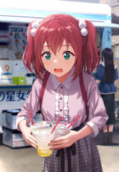 Rule 34 | 2girls, aqua eyes, birthday, black hair, casual, commentary request, cup, drinking straw, grey skirt, holding, holding cup, kurosawa dia, kurosawa ruby, long hair, love live!, love live! sunshine!!, multiple girls, open mouth, pink shirt, plaid, plaid skirt, pleated skirt, red hair, shamakho, shirt, short hair, siblings, sisters, skirt, two side up
