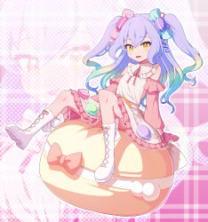 Rule 34 | 1girl, blue hair, boots, character request, cross-laced footwear, detached sleeves, gradient hair, green hair, highres, iriam, knee boots, lace-up boots, long hair, long sleeves, looking at viewer, multicolored hair, open mouth, purple hair, ranka (tonbo), sitting, smile, solo, twintails, virtual youtuber, white footwear, yellow eyes