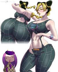 Rule 34 | 1boy, 1girl, artist name, ass, ass focus, back, bare shoulders, birthmark, blood, blush, breasts, cleavage, collarbone, curvy, green eyes, highres, huge ass, joestar birthmark, jojo no kimyou na bouken, kuujou jolyne, large breasts, lipstick, makeup, multicolored hair, narciso anasui, navel, nosebleed, parted lips, purple hair, stomach, thick thighs, thighs, white background, wide hips, yoru dan