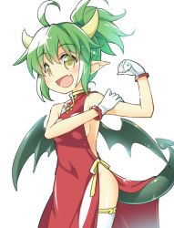 Rule 34 | 1girl, :d, ahoge, bare shoulders, bat wings, breasts, character name, china dress, chinese clothes, demon tail, draco centauros, dress, fang, gloves, green hair, horns, looking at viewer, madou monogatari, open mouth, pointy ears, ponytail, puyopuyo, short hair, sideboob, simple background, smile, solo, tail, thighhighs, toto nemigi, white background, white gloves, white thighhighs, wings, yellow eyes