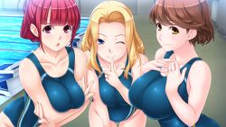 Rule 34 | 3girls, ;), bare shoulders, blonde hair, blue eyes, blunt bangs, blush, breast hold, breasts, breasts squeezed together, brown hair, chestnut mouth, collarbone, competition swimsuit, finger to mouth, game cg, hair up, hands on own chest, hanekura tomoe, hitozuma swimming club, huge breasts, ino (magloid), interheart, jewelry, kayashima aki, large breasts, leaning forward, legs, long hair, looking at viewer, multiple girls, nunose yoshika, one-piece swimsuit, one eye closed, pink eyes, pool, purple eyes, raised eyebrow, red hair, ring, short hair, smile, standing, swimsuit, thighs, water, wedding band, wink, yellow eyes