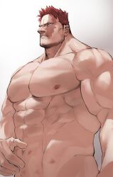Rule 34 | 1boy, abs, bara, boku no hero academia, burn scar, completely nude, endeavor (boku no hero academia), facial hair, gradient background, hand on own stomach, highres, large pectorals, male focus, mature male, migi (mm86262394), muscular, muscular male, navel, nipples, nude, pectorals, red hair, scar, scar on face, short hair, sideburns, simple background, solo, teeth, upper body