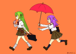 Rule 34 | 2girls, alina gray, bag, belt pouch, bow, bowtie, brown footwear, brown skirt, closed mouth, from side, full body, green hair, hair ornament, holding, holding umbrella, layered sleeves, loafers, long hair, long sleeves, loose socks, magia record: mahou shoujo madoka magica gaiden, mahou shoujo madoka magica, misono karin, multicolored hair, multiple girls, open mouth, orange ribbon, paint stains, plaid, plaid skirt, pouch, purple hair, rag, red bow, red bowtie, red umbrella, ribbon, rioran, running, sakae general school uniform, school uniform, shirt, shoes, short over long sleeves, short sleeves, simple background, single hair ring, skirt, socks, star (symbol), star hair ornament, streaked hair, umbrella, walking, white shirt, white socks