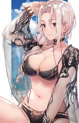 Rule 34 | 1girl, absurdres, arm up, bikini, black bikini, black cola, bracelet, breasts, brown eyes, carmilla (fate), carmilla (swimsuit rider) (fate), carmilla (swimsuit rider) (third ascension) (fate), choker, cleavage, closed mouth, cloud, collarbone, fate/grand order, fate (series), hair over shoulder, highres, jewelry, large breasts, long hair, looking at viewer, navel, parted bangs, see-through, sidelocks, silver hair, solo, stomach, swimsuit, thighs