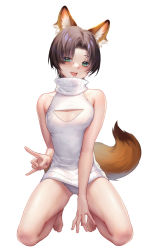 Rule 34 | 1girl, absurdres, animal ears, bare arms, bare shoulders, barefoot, between legs, blush, breasts, brown hair, cleavage cutout, clothing cutout, fang, fox ears, fox girl, fox tail, green eyes, hair intakes, hand between legs, heart, heart in eye, highres, kneeling, legs apart, looking at viewer, m-chan, mole, mole under eye, naughty face, no pants, open mouth, original, panties, parted bangs, simple background, sleeveless, sleeveless sweater, sleeveless turtleneck, small breasts, solo, sweater, symbol in eye, tail, tiptoes, tongue, tongue out, turtleneck, turtleneck sweater, underwear, white panties, white sweater
