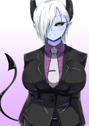 Rule 34 | 1girl, black horns, black sclera, black suit, blue background, blue eyes, blue skin, blush, breasts, buttons, collared shirt, colored sclera, colored skin, demon girl, demon horns, demon tail, eyelashes, formal, green eyes, hair over one eye, horns, houshi, huge breasts, looking at viewer, musuko ga kawaikute shikatanai mazoku no hahaoya, necktie, pointy ears, purple shirt, shirt, smile, solo, suit, tail, teeth, teresa (mazohaha), tie clip, white hair, white necktie