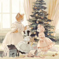 Rule 34 | 3girls, animal, animal ears, animal nose, barefoot, black fur, black hair, bonnet, candle, cat ears, cat girl, cat tail, child, christmas, christmas tree, clothed animal, commentary, dress, english commentary, full body, gift, highres, holding, indoors, long dress, looking at another, multiple girls, orange fur, orange hair, original, short hair, slit pupils, standing, tail, tono (rt0no), tree, white dress, white fur, white hair, window