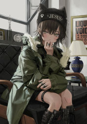 Rule 34 | 1girl, :|, absurdres, animal ears, badge, beanie, blush, boots, bottle, brown hair, button badge, cat ears, chain, chair, clock, closed mouth, cross, cross earrings, ear piercing, earrings, fur trim, gishiki (gshk), glass table, green eyes, green jacket, hair between eyes, hand on own face, hat, highres, jacket, jewelry, lamp, original, picture frame, piercing, poster (object), punk, ring, safety pin, short hair, sitting, smiley face, solo, spikes, table, unzipped