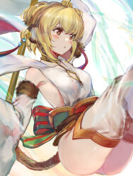 Rule 34 | 1girl, :&lt;, andira (granblue fantasy), animal ear piercing, animal ears, back bow, blonde hair, blush, bow, collarbone, detached sleeves, erune, fur-trimmed sleeves, fur trim, granblue fantasy, highres, holding, holding staff, long sleeves, marulire, monkey ears, monkey tail, short hair, sideless outfit, sidelocks, solo, staff, tail, thighhighs, white sleeves, white thighhighs, yellow eyes