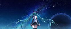 Rule 34 | 1girl, aqua hair, arms at sides, bare shoulders, black skirt, black thighhighs, caustics, commentary, detached sleeves, facing away, floating hair, from behind, hatsune miku, headphones, headset, highres, jirofly, long hair, medium skirt, milky way, night, night sky, planet, pleated skirt, shirt, shooting star, skirt, sky, sleeveless, sleeveless shirt, solo, space, standing, star (sky), starry sky, thighhighs, twintails, very long hair, vocaloid, white shirt, zettai ryouiki