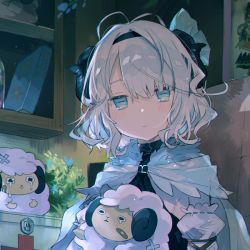 Rule 34 | 1girl, antenna hair, bad id, bad twitter id, blue eyes, blush, closed mouth, hairband, holding, holding stuffed toy, indoors, long sleeves, looking at viewer, nuudoru, original, short hair, sitting, smile, solo, stuffed animal, stuffed sheep, stuffed toy, white hair